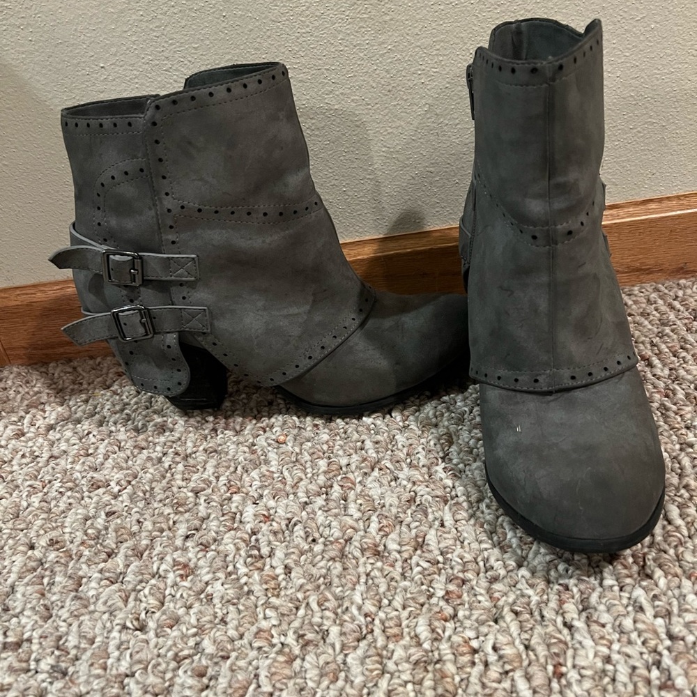 Gray heeled booties